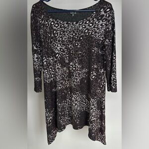 LBISSE size LARGE Black & Gray w/red sparkles 3/4 Sleeve Asymmetrical Dress NWT